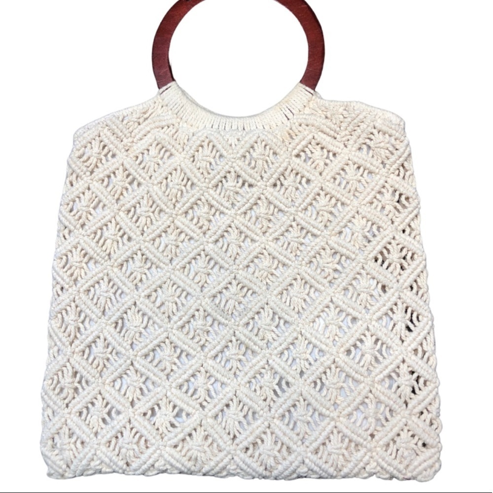 Bohemian Macrame Tote Bag Wooden Ring Handles Cream Knitted Shoulder Bag - Picture 6 of 13